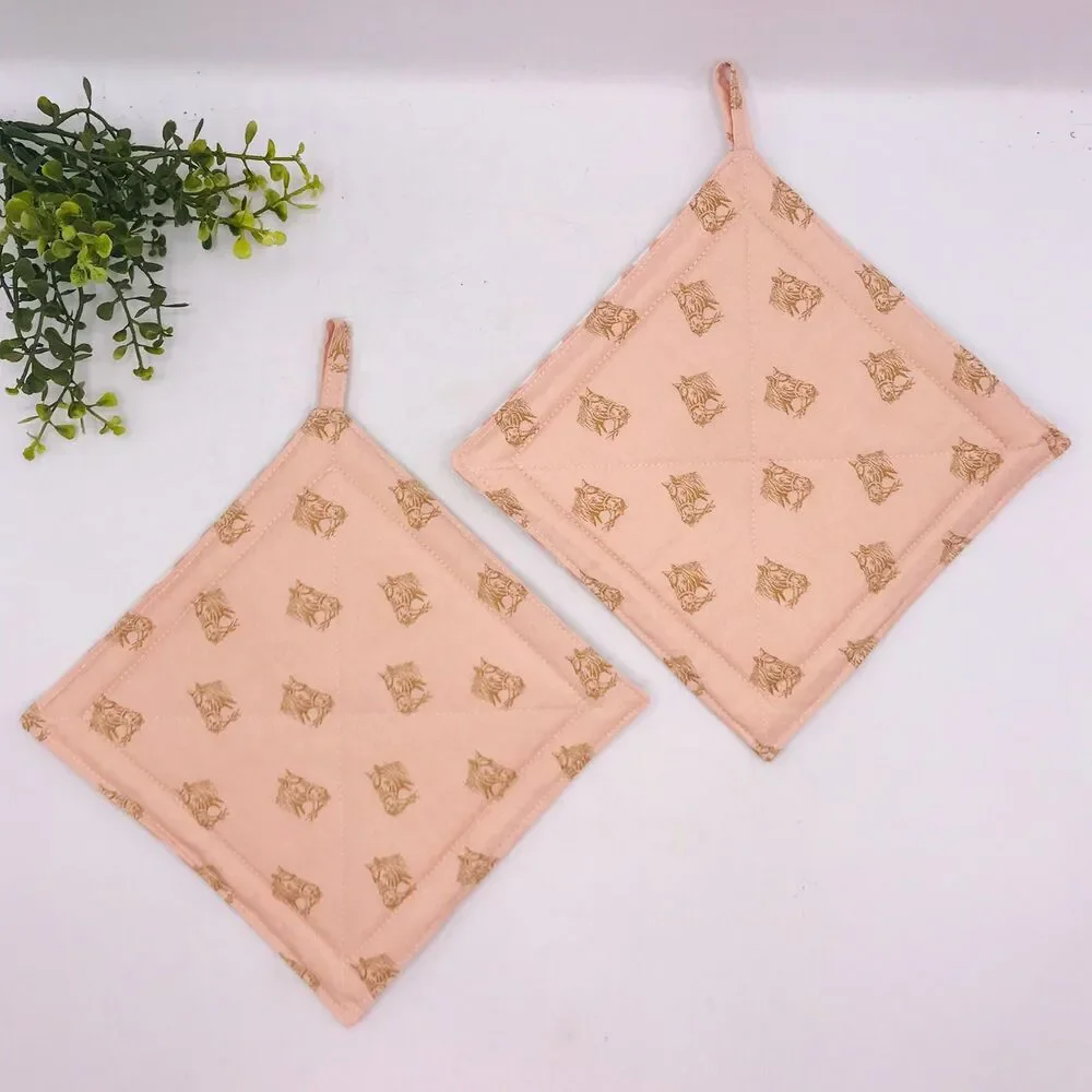2 Square Potholders, Pink Pony Horse Head Cottage Core Kitchen 7x7 Inches